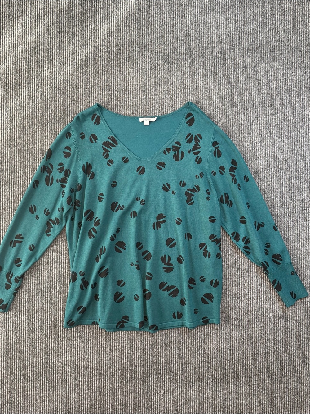 Chico's Abstract Dots V-Neck Pullover Sweater Teal Black Size 4 XXL